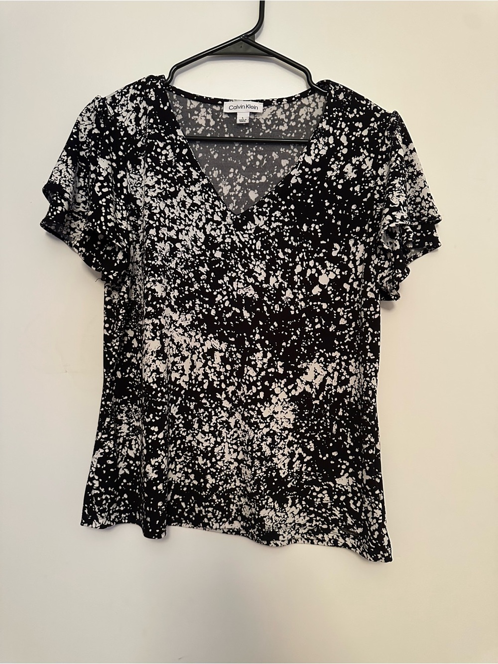 Calvin Klein Black & White Splatter V-Neck Tee with Flutter Sleeves